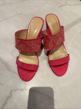 Anna Hot Pink Embroidered Two-Band Slide Mules